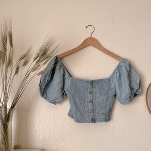 🔶 Linen blend, teal crop top with puffy sleeves, size M. 🔶
